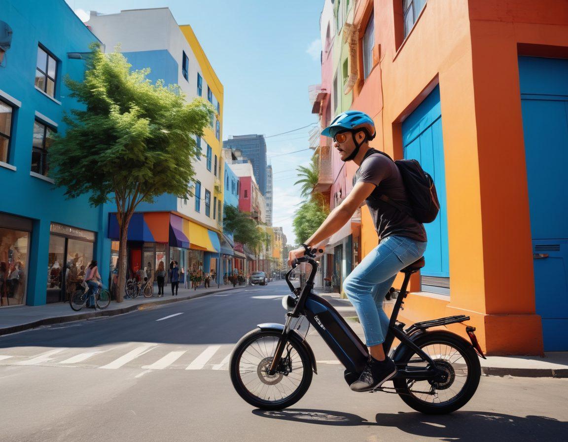 A dynamic scene showcasing an electric bike enthusiast riding through a vibrant cityscape, with trails in the background blending into urban streets. The rider wears a stylish helmet and gear, with a sleek electric bike reflecting modern trends. Surrounding them, colorful buildings, greenery, and diverse people enjoying outdoor activities. The sky is bright, emphasizing a sense of adventure and freedom. super-realistic. vibrant colors. 3D.