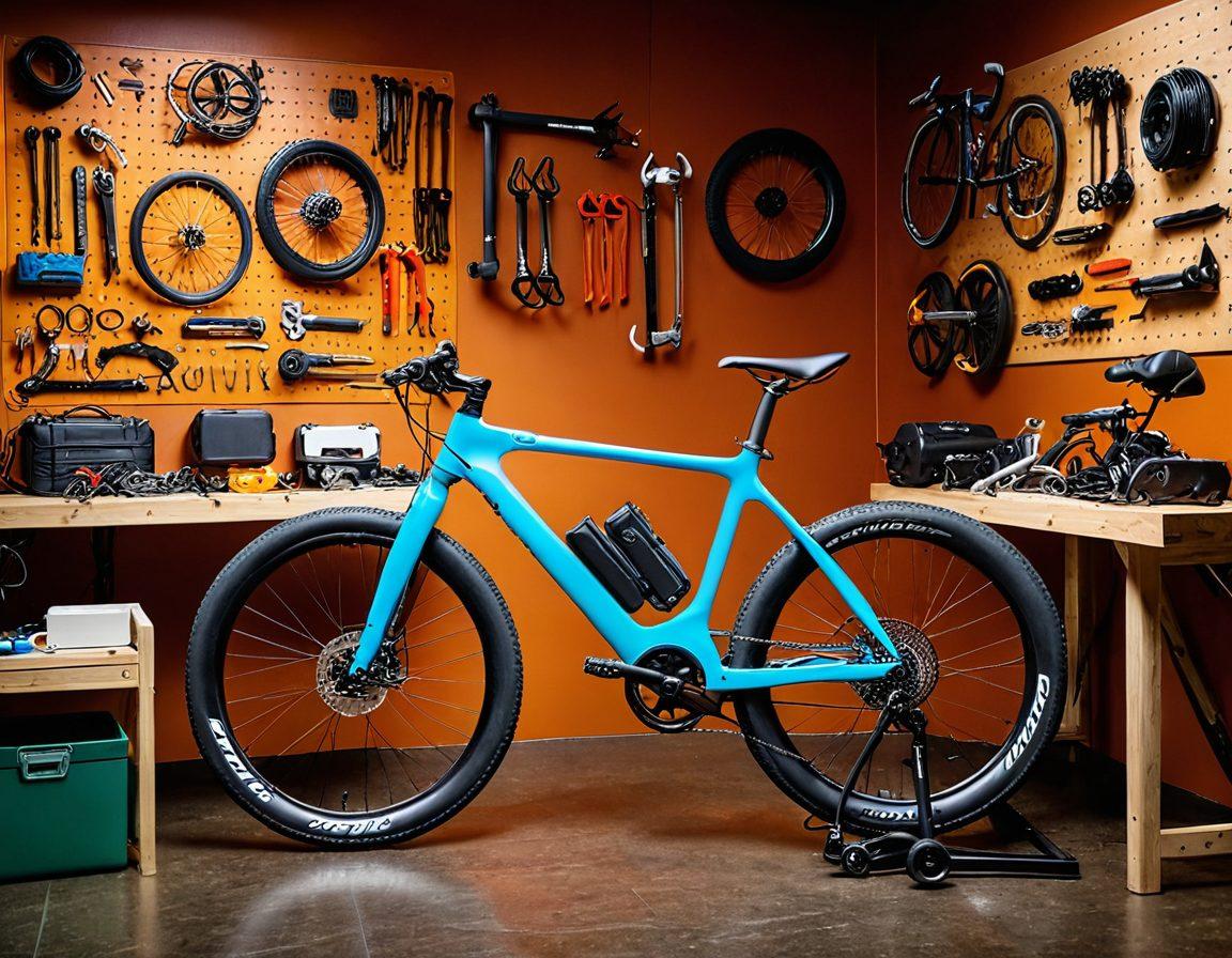 A dynamic scene showcasing a high-performance electric bicycle on a sleek workbench surrounded by essential maintenance tools and accessories. Brightly colored gears, wrenches, and electric components scattered artistically around it, with an enthusiastic rider in the background preparing for a ride. The setting is well-lit to highlight the bicycle's sleek design and the vibrancy of the tools. modern and clean aesthetic. super-realistic. vibrant colors.